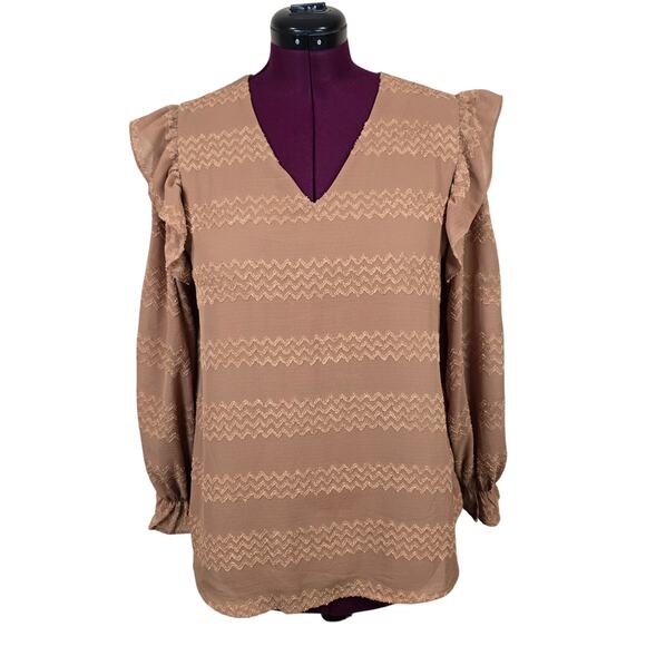 JODIFL Tops - Women's JODIFL Tan V-Neck Long Sleeve Blouse Ruffle Accents | Size Medium